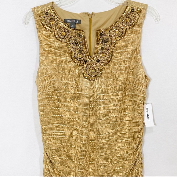 Gold Ruched Elegant Dress Embellished Neckline 10 - Picture 2 of 8